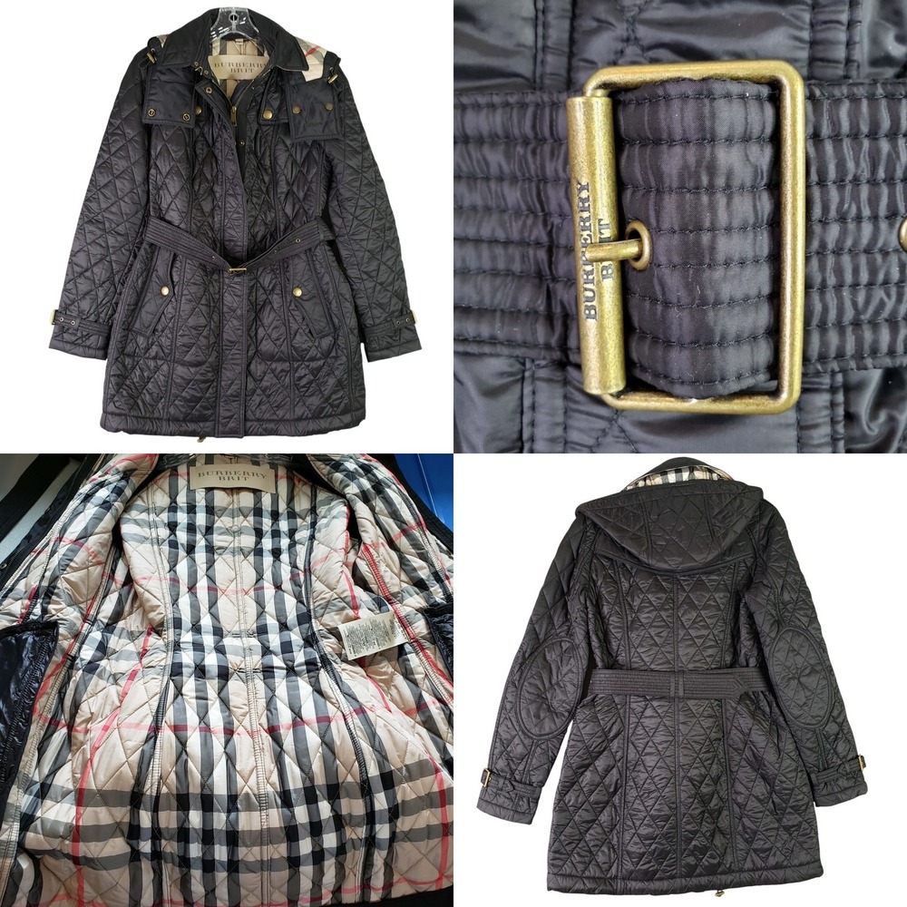 Burberry Brit Quilted Jacket Womens Medium Finsbridge Black Nova Check Belt Coat